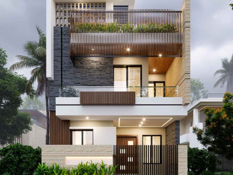 Modern duplex front elevation design combining traditional and contemporary architecture