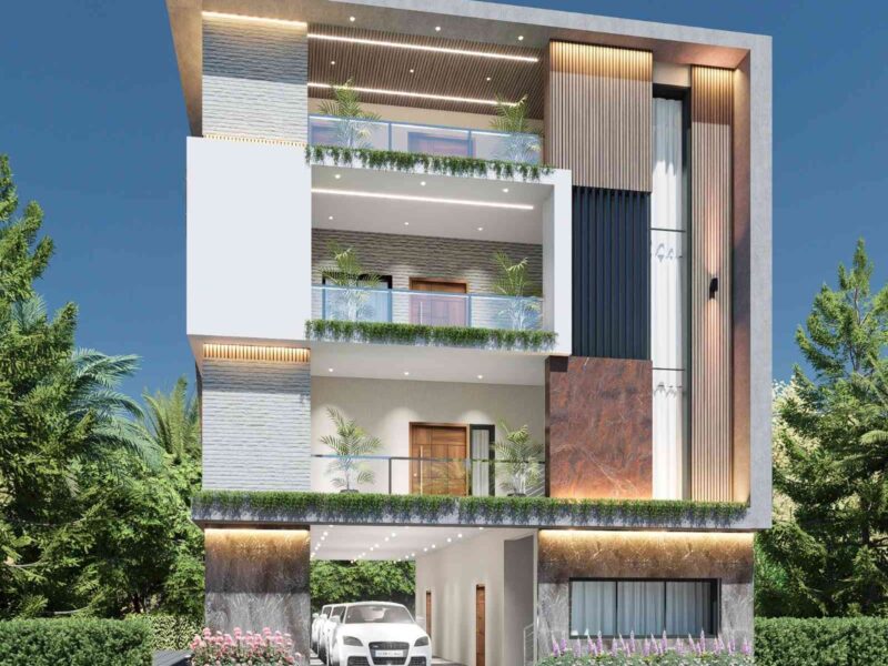 Modern multi-story residential building front elevation design with ground floor car parking