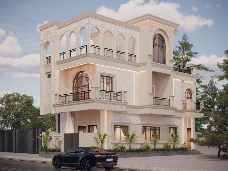 Premium residential exterior design featuring arched top terrace balconies and modern facade lighting